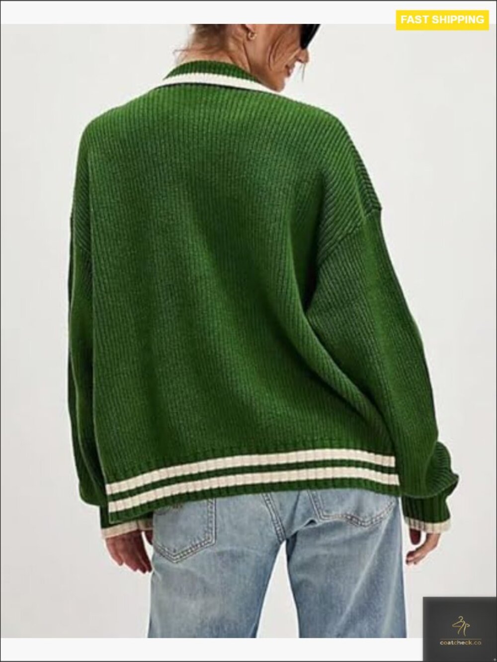 Oversized Zip Up Cardigan Sweater Women Casual Knit Outerwear Contrast Trim - Picture 4 of 7
